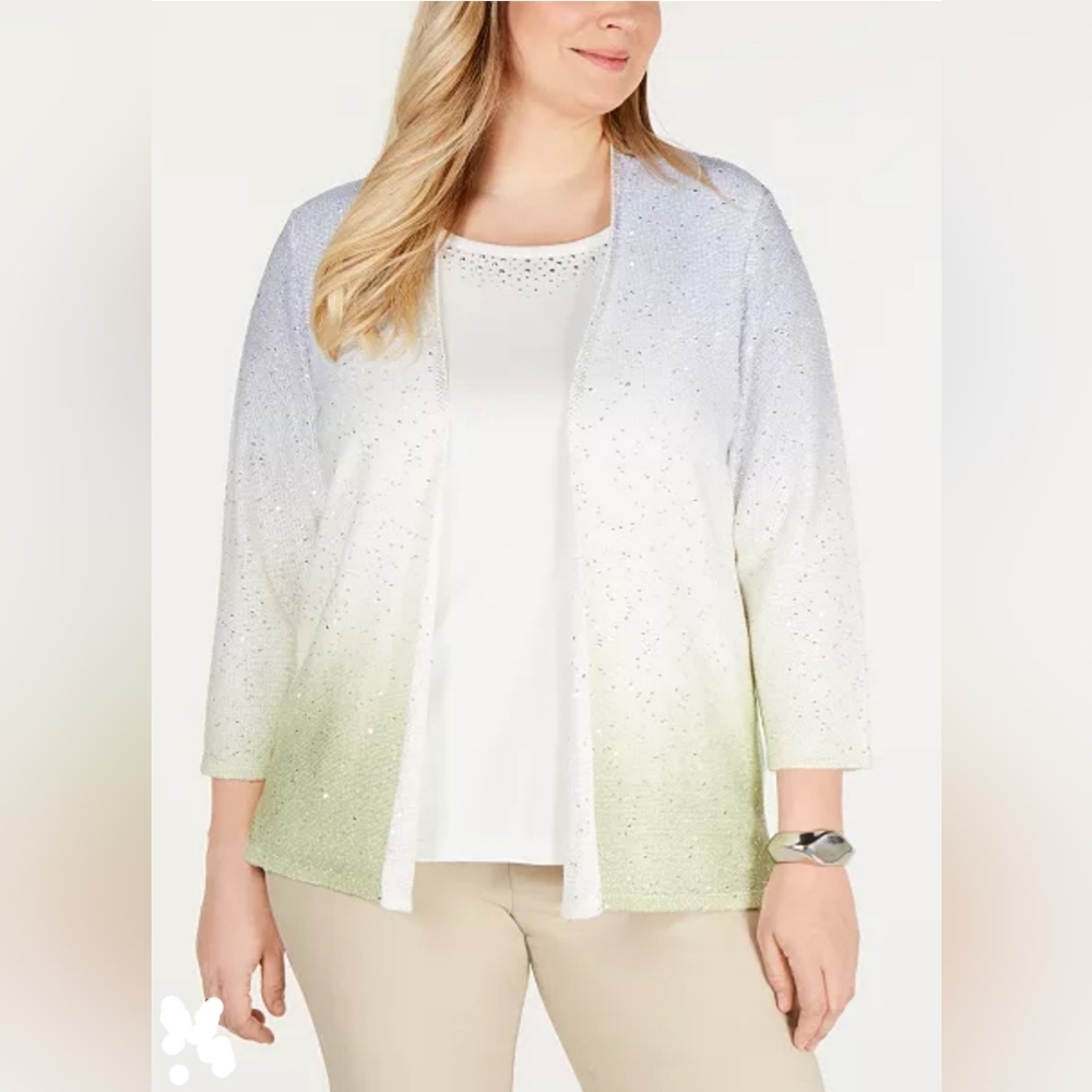 Alfred‎ Dunner White and Green Gradient Cardigan